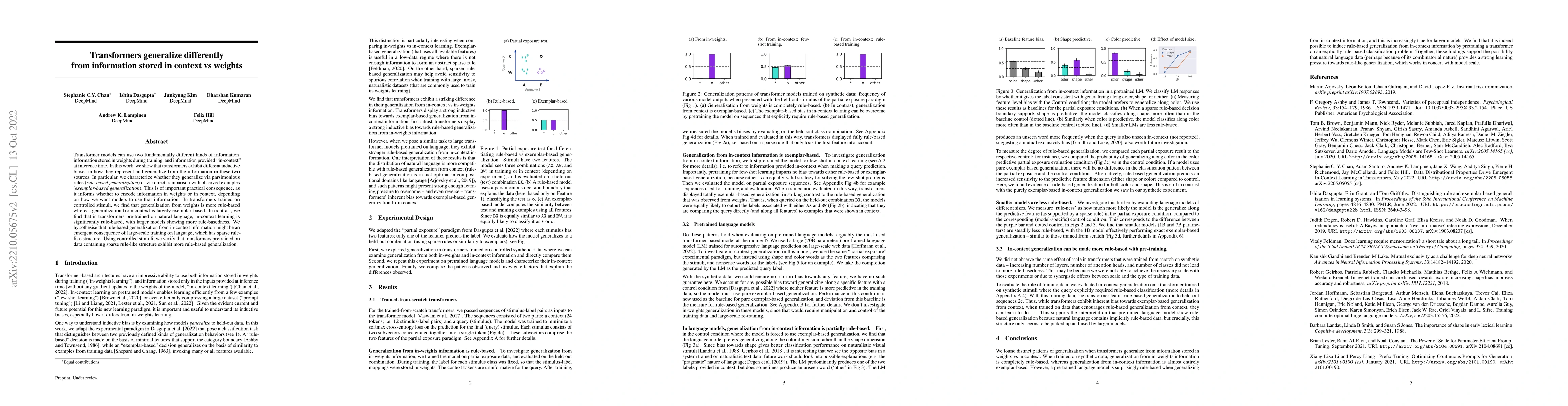Thumbnail for Transformers generalize differently from information stored in context
  vs in weights