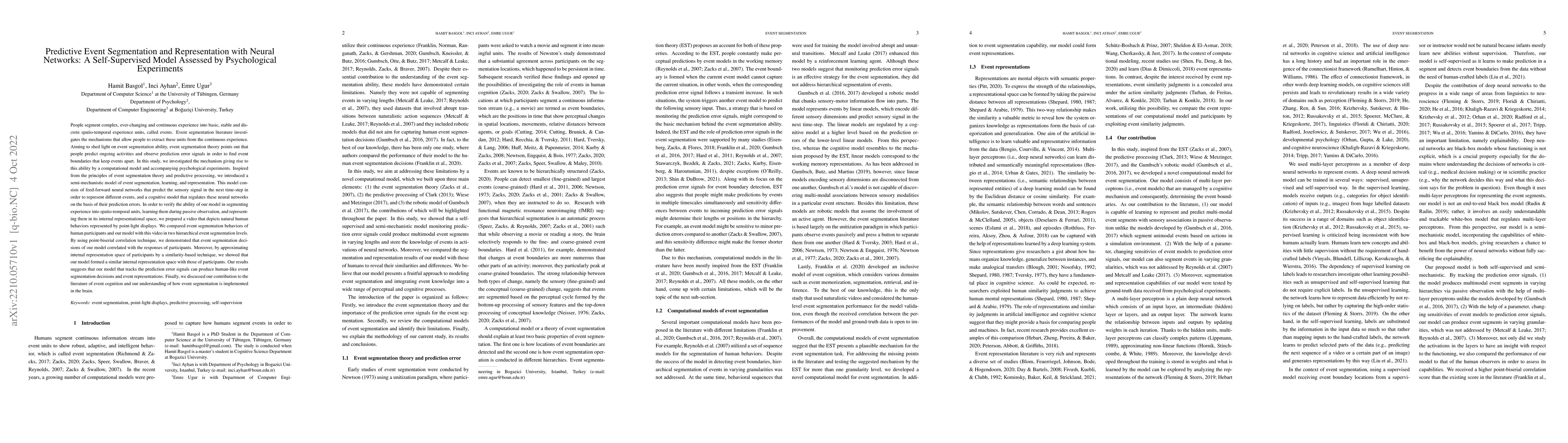 Thumbnail for Predictive Event Segmentation and Representation with Neural Networks: A
  Self-Supervised Model Assessed by Psychological Experiments