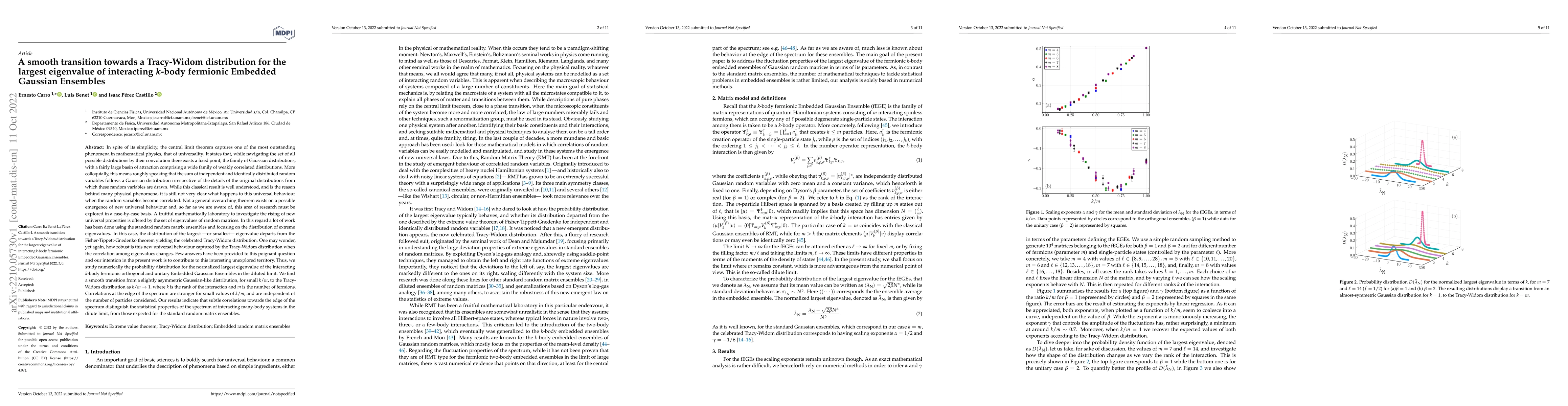 Thumbnail for A smooth transition towards a Tracy-Widom distribution for the largest
  eigenvalue of interacting $k$-body fermionic Embedded Gaussian Ensembles