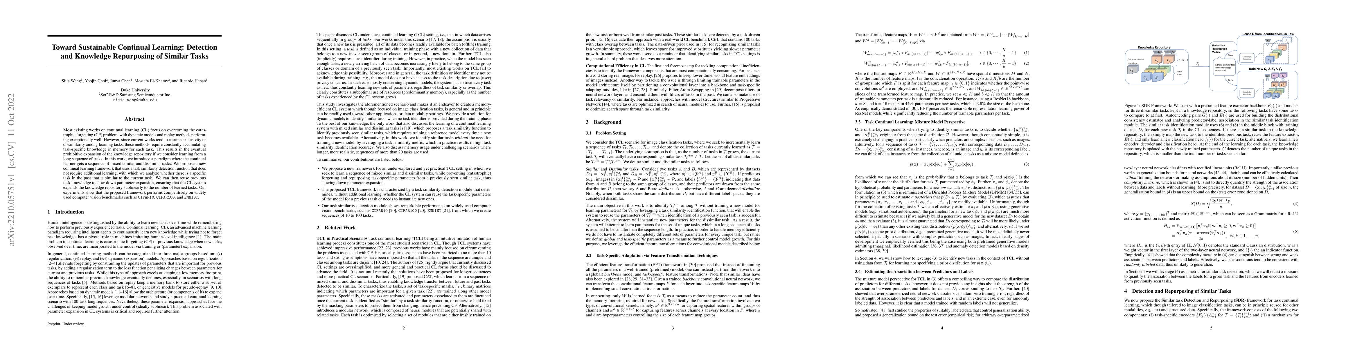 Thumbnail for Toward Sustainable Continual Learning: Detection and Knowledge
  Repurposing of Similar Tasks