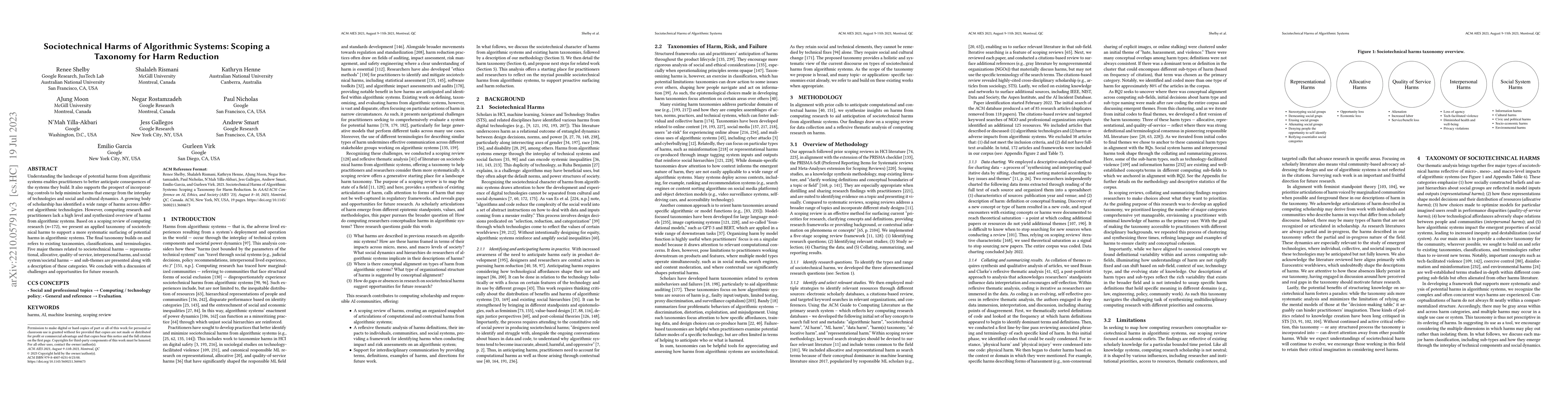 Thumbnail for Sociotechnical Harms of Algorithmic Systems: Scoping a Taxonomy for Harm
  Reduction