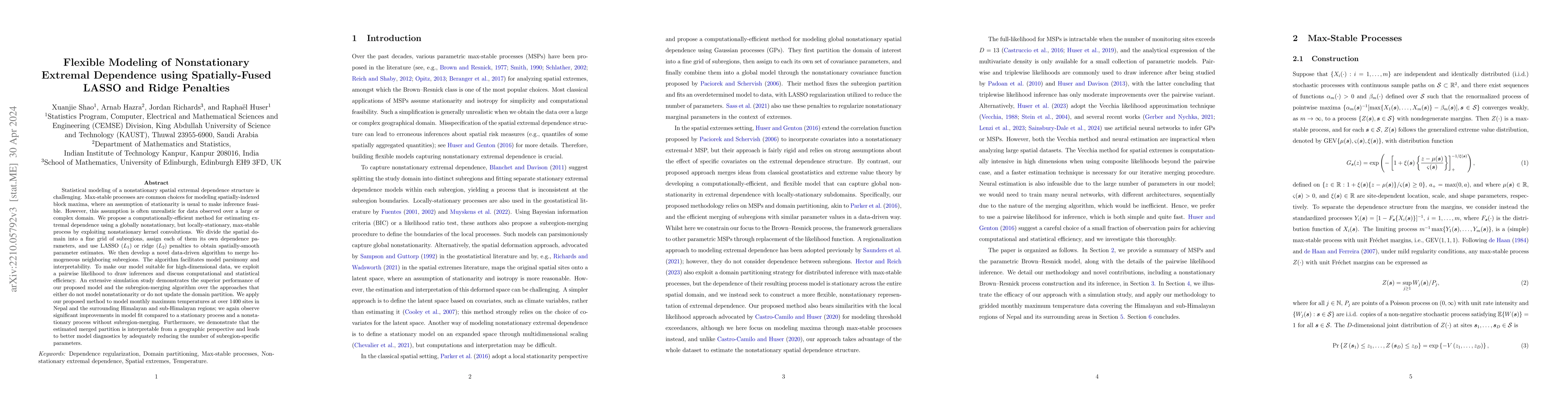 Thumbnail for Flexible Modeling of Nonstationary Extremal Dependence using
  Spatially-Fused LASSO and Ridge Penalties