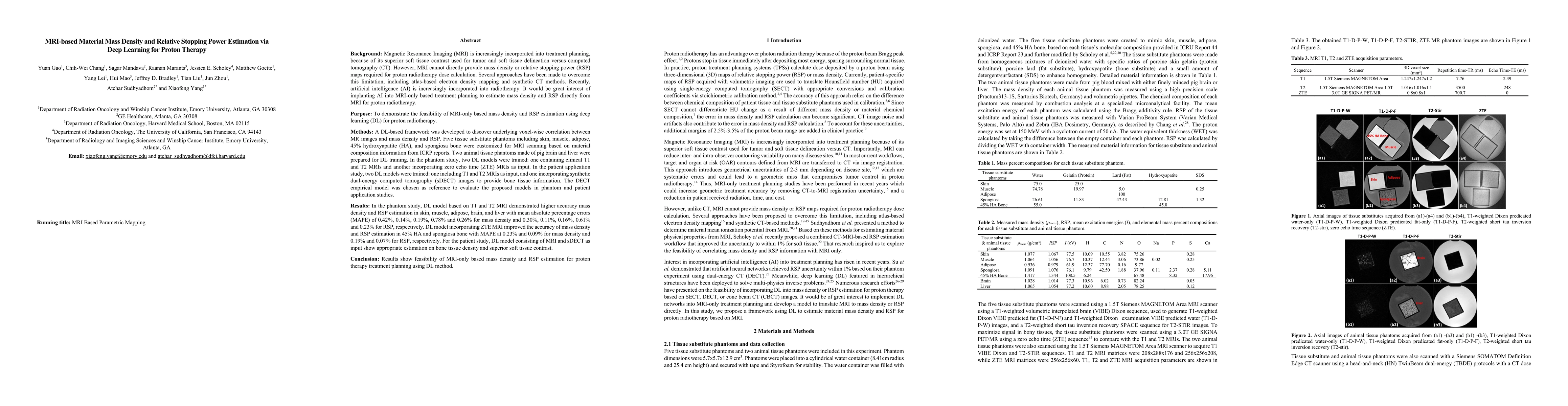 Thumbnail for MRI-based Material Mass Density and Relative Stopping Power Estimation
  via Deep Learning for Proton Therapy