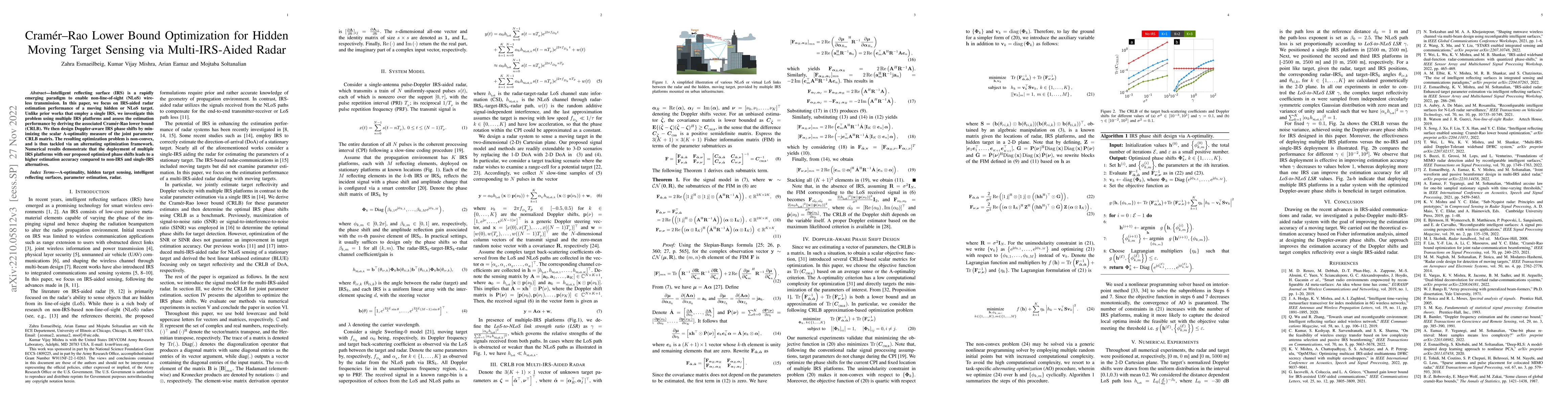Thumbnail for Cramer-Rao Lower Bound Optimization for Hidden Moving Target Sensing via
  Multi-IRS-Aided Radar