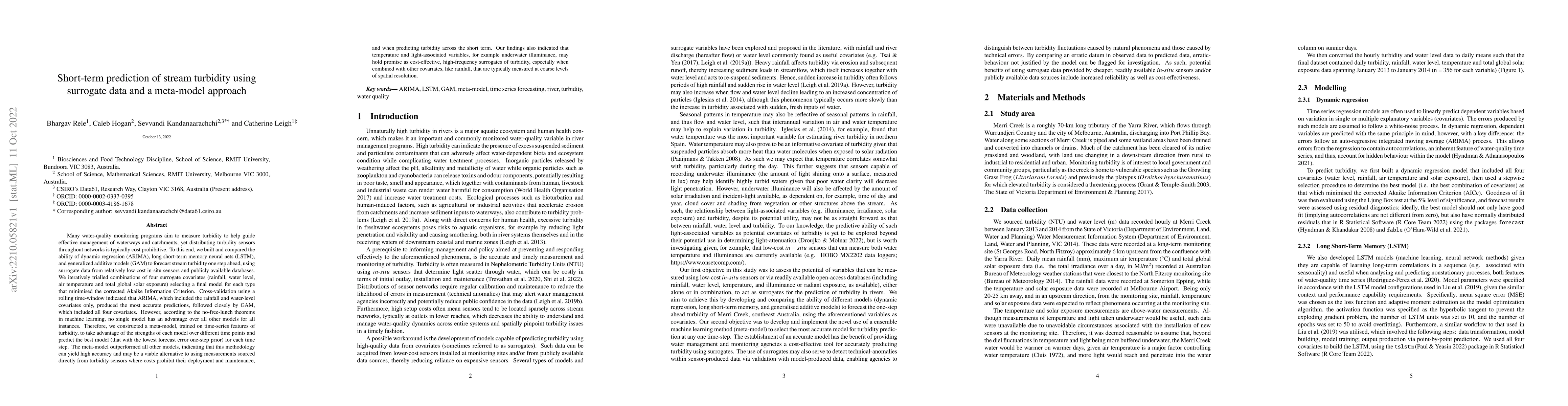 Thumbnail for Short-term prediction of stream turbidity using surrogate data and a
  meta-model approach