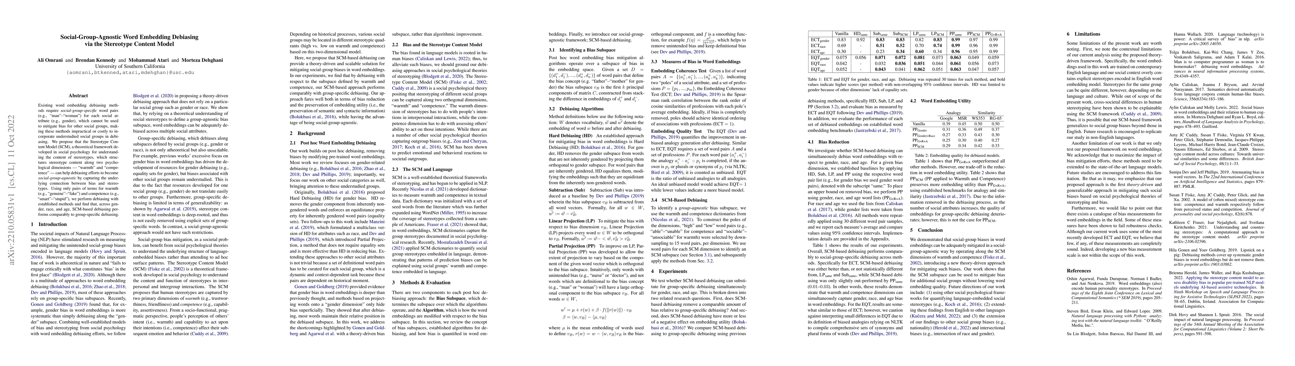 Thumbnail for Social-Group-Agnostic Word Embedding Debiasing via the Stereotype
  Content Model