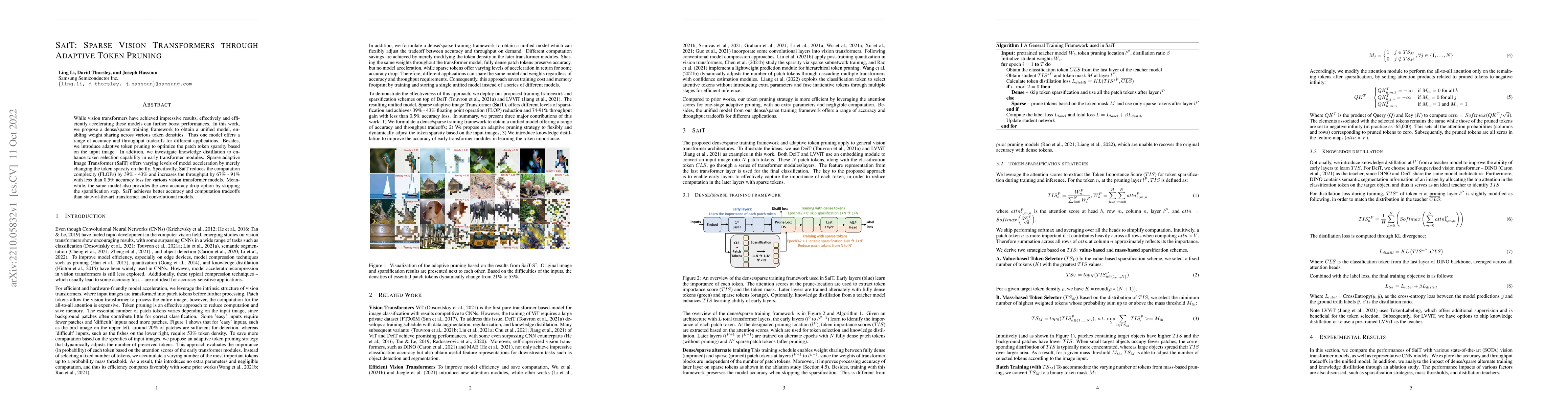 Thumbnail for SaiT: Sparse Vision Transformers through Adaptive Token Pruning