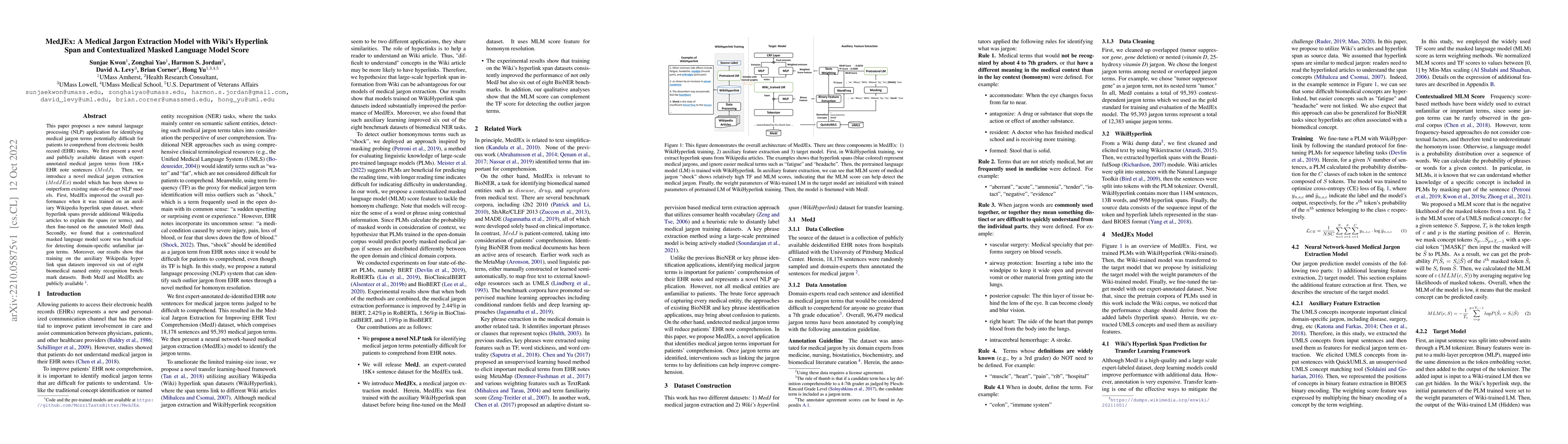 Thumbnail for MedJEx: A Medical Jargon Extraction Model with Wiki's Hyperlink Span and
  Contextualized Masked Language Model Score