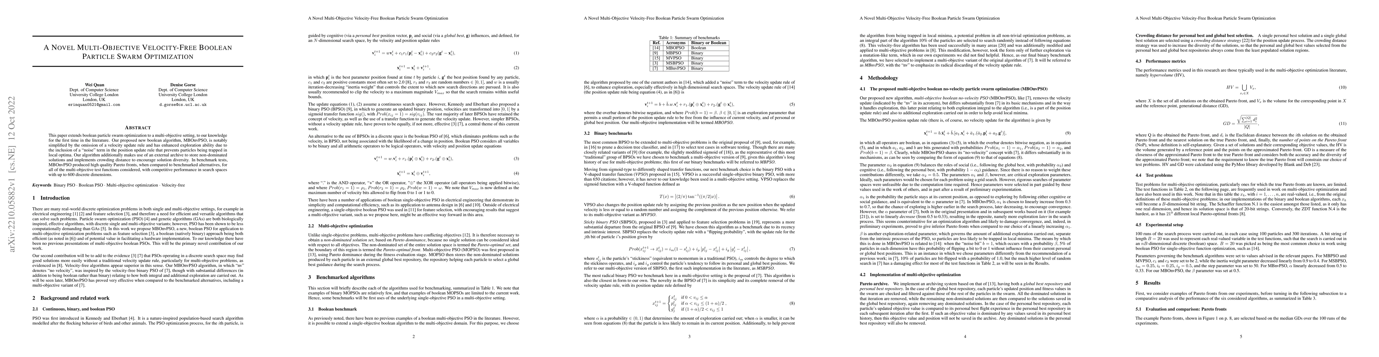 Thumbnail for A Novel Multi-Objective Velocity-Free Boolean Particle Swarm
  Optimization