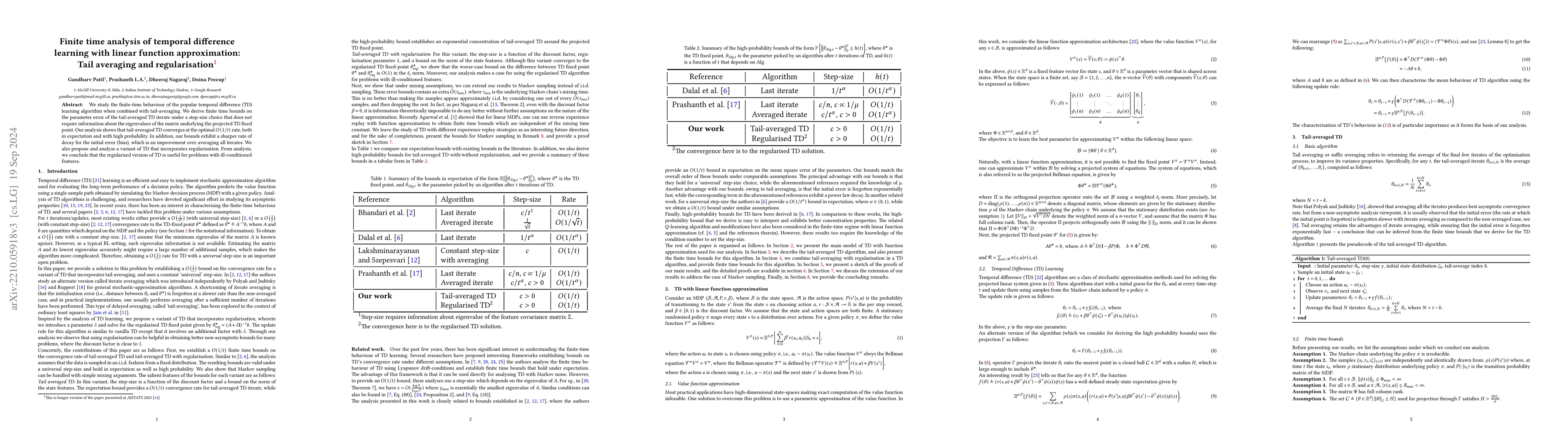 Thumbnail for Finite time analysis of temporal difference learning with linear
  function approximation: Tail averaging and regularisation
