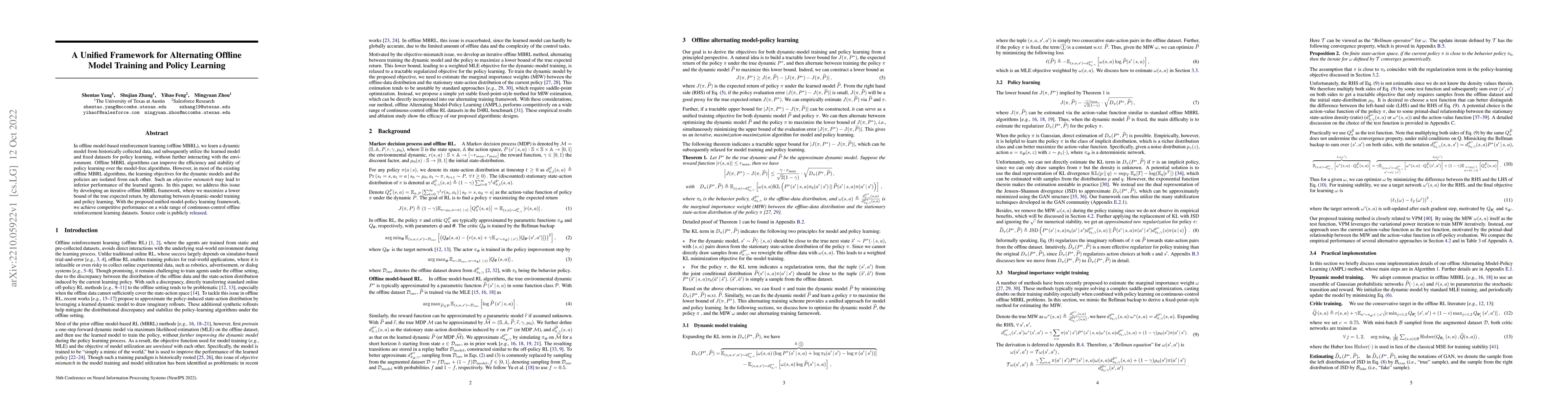 Thumbnail for A Unified Framework for Alternating Offline Model Training and Policy
  Learning
