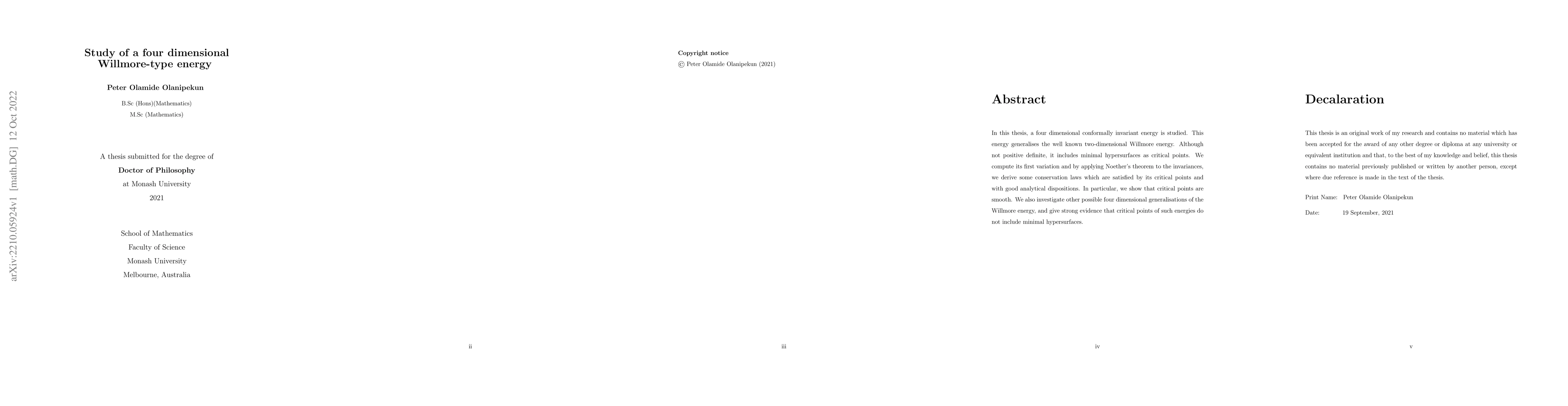 Thumbnail for Study of a Four Dimensional Willmore Energy
