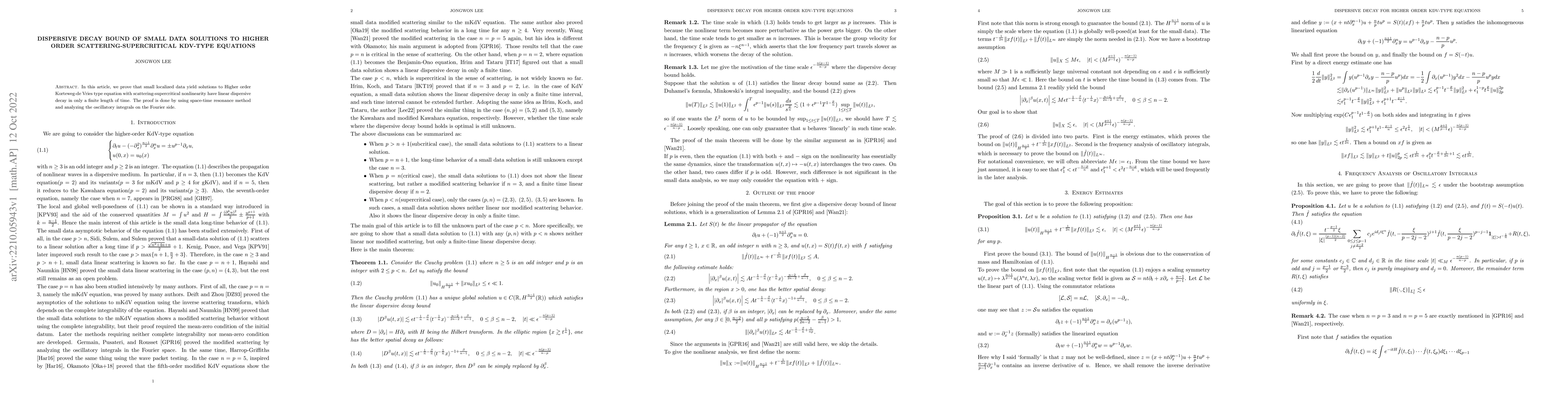 Thumbnail for Dispersive decay bound of small data solutions to higher order
  scattering-supercritical KdV-type equations