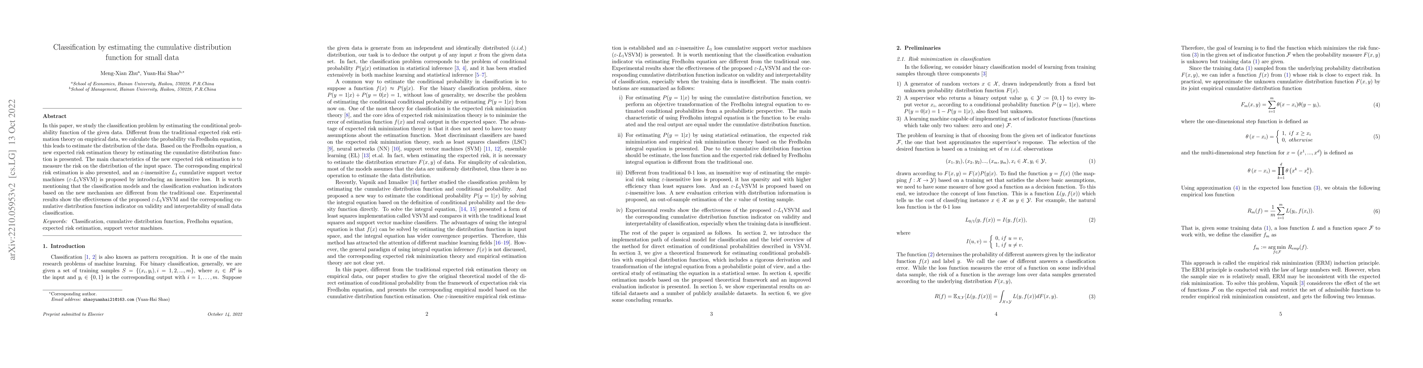 Thumbnail for Classification by estimating the cumulative distribution function for
  small data