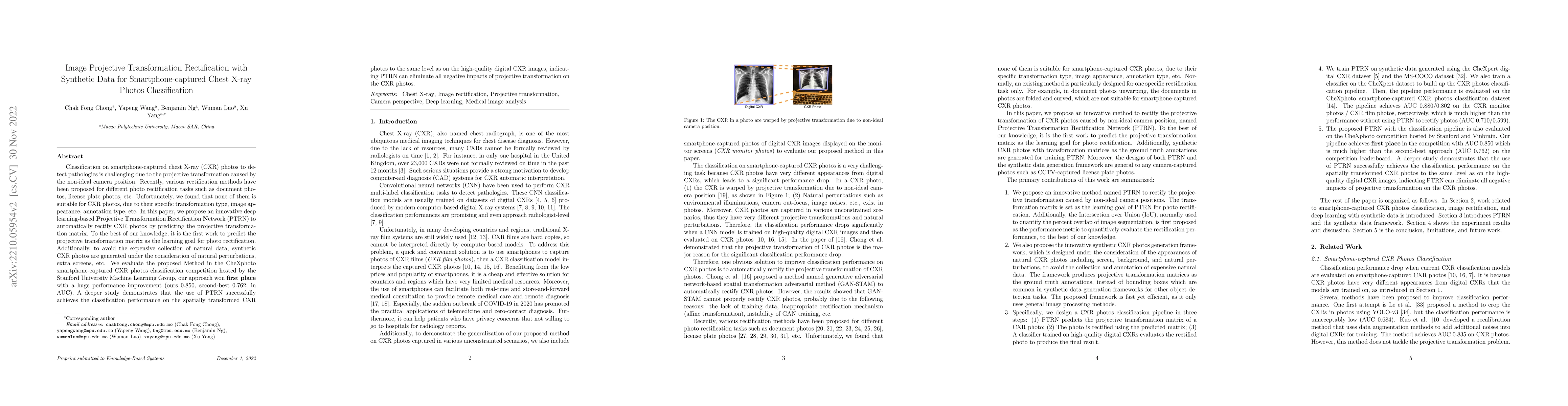 Thumbnail for Image Projective Transformation Rectification with Synthetic Data for
  Smartphone-captured Chest X-ray Photos Classification