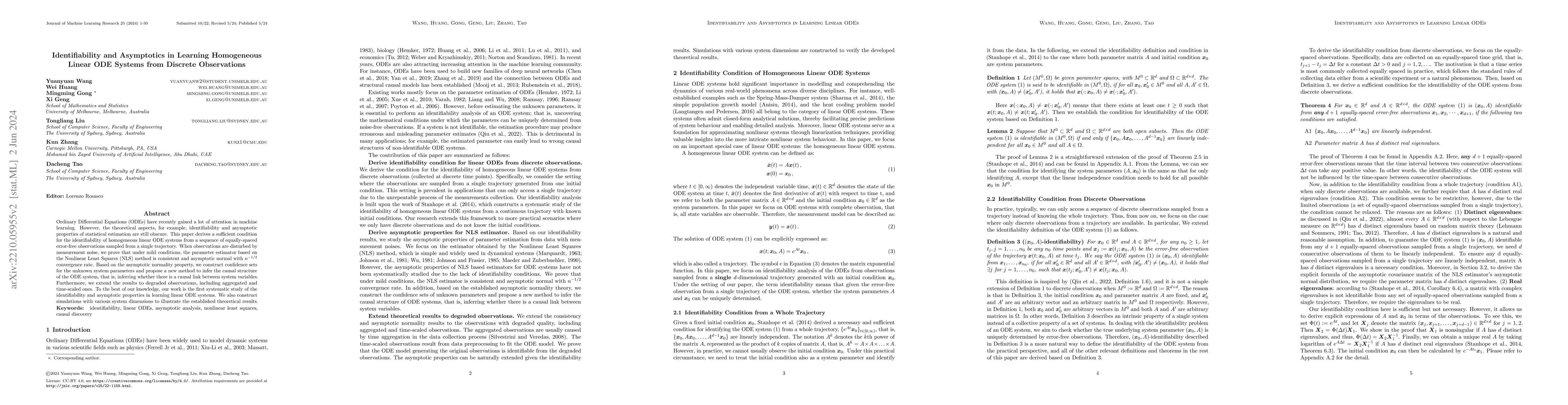 Thumbnail for Identifiability and Asymptotics in Learning Homogeneous Linear ODE
  Systems from Discrete Observations