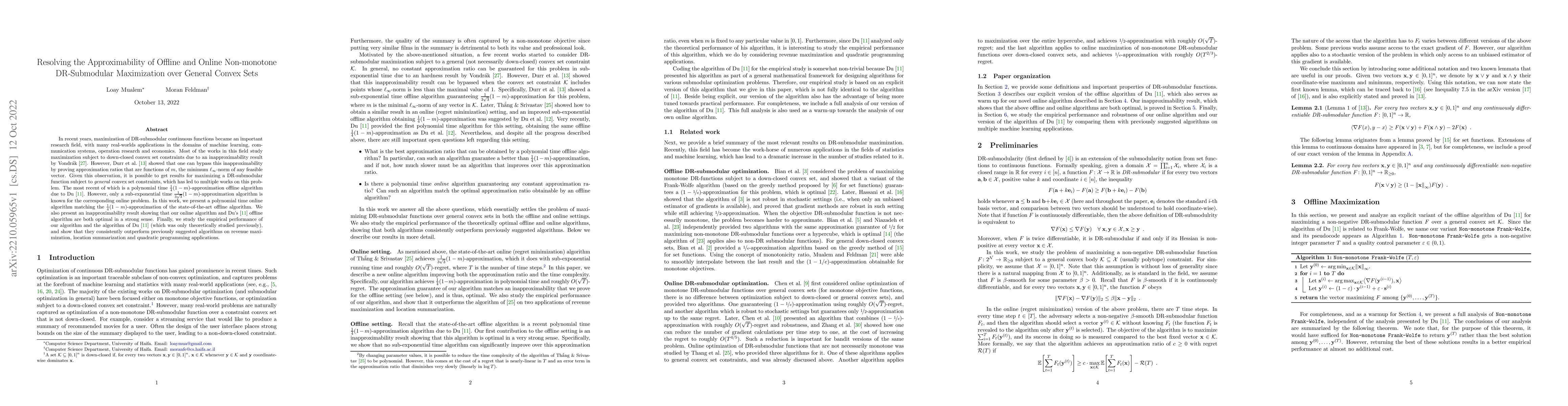 Thumbnail for Resolving the Approximability of Offline and Online Non-monotone
  DR-Submodular Maximization over General Convex Sets