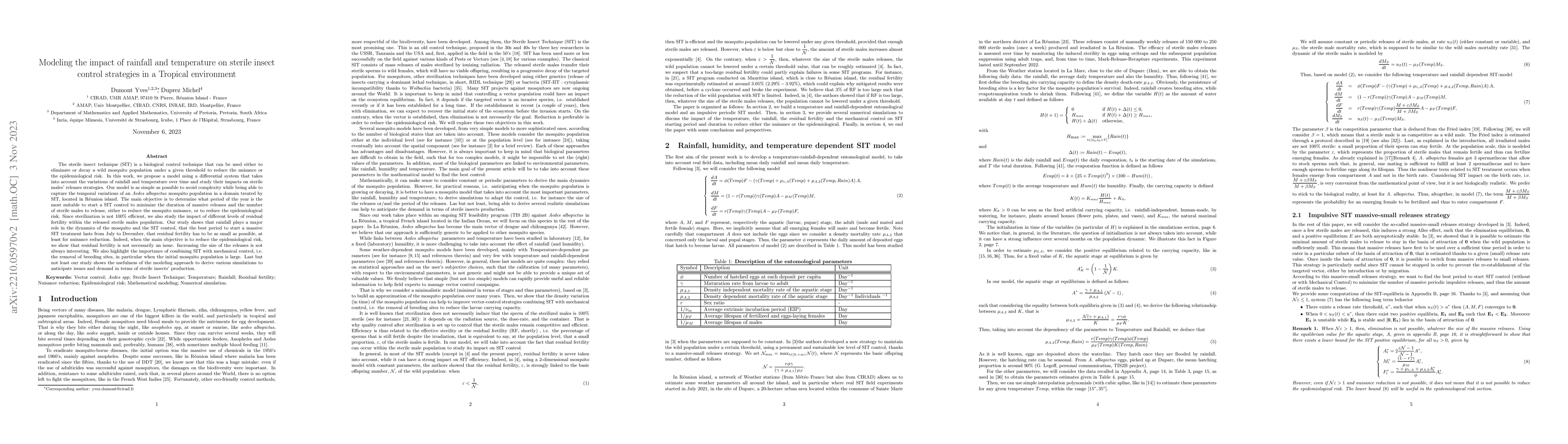 Thumbnail for Modeling the impact of rainfall and temperature on sterile insect
  control strategies in a Tropical environment
