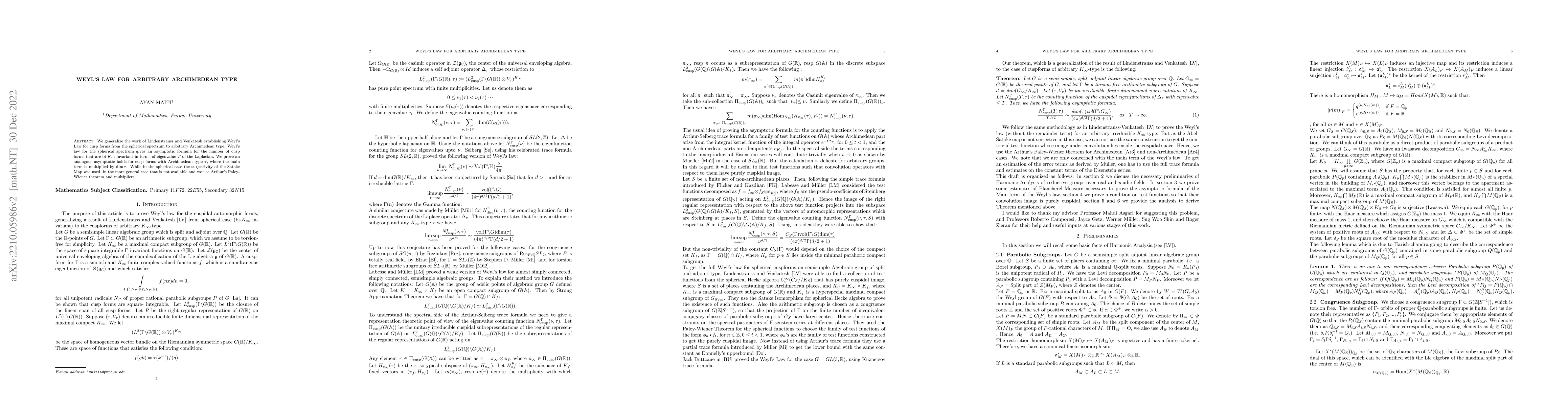Thumbnail for Weyl's Law for Arbitrary Archimedean Type