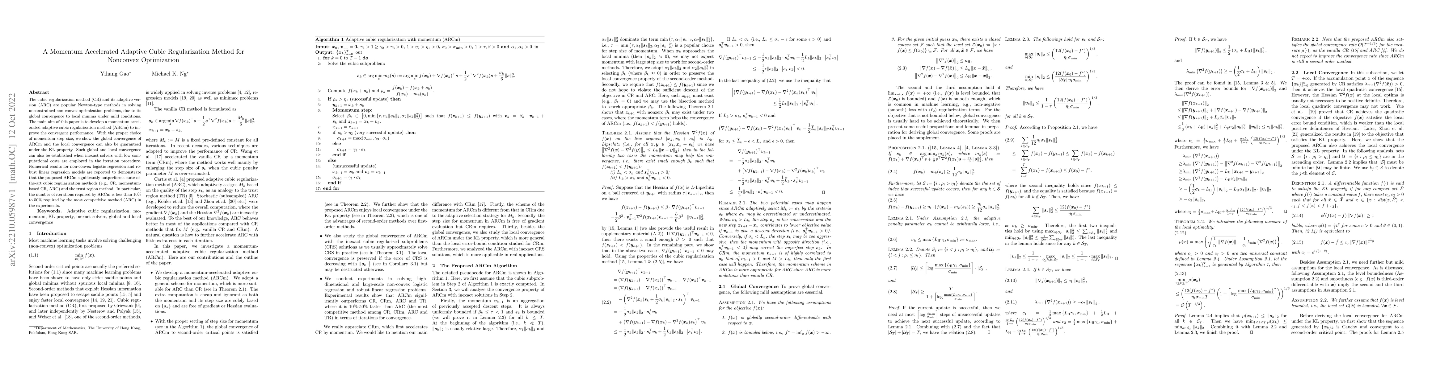 Thumbnail for A Momentum Accelerated Adaptive Cubic Regularization Method for
  Nonconvex Optimization