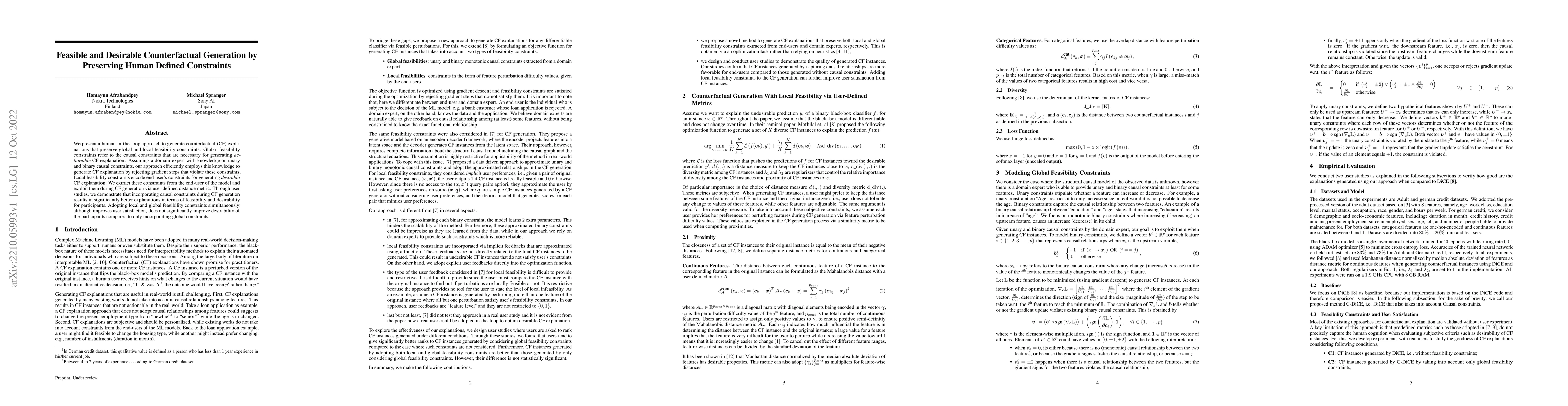 Thumbnail for Feasible and Desirable Counterfactual Generation by Preserving Human
  Defined Constraints