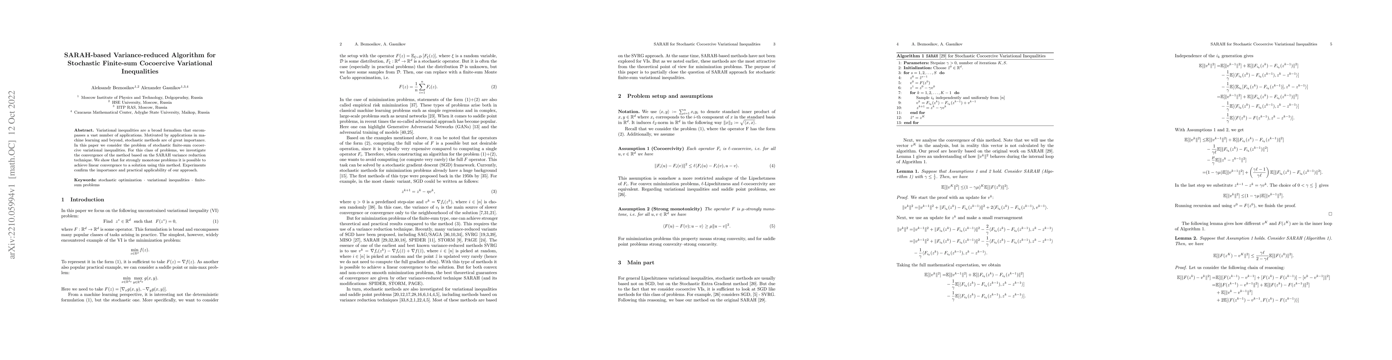 Thumbnail for SARAH-based Variance-reduced Algorithm for Stochastic Finite-sum
  Cocoercive Variational Inequalities