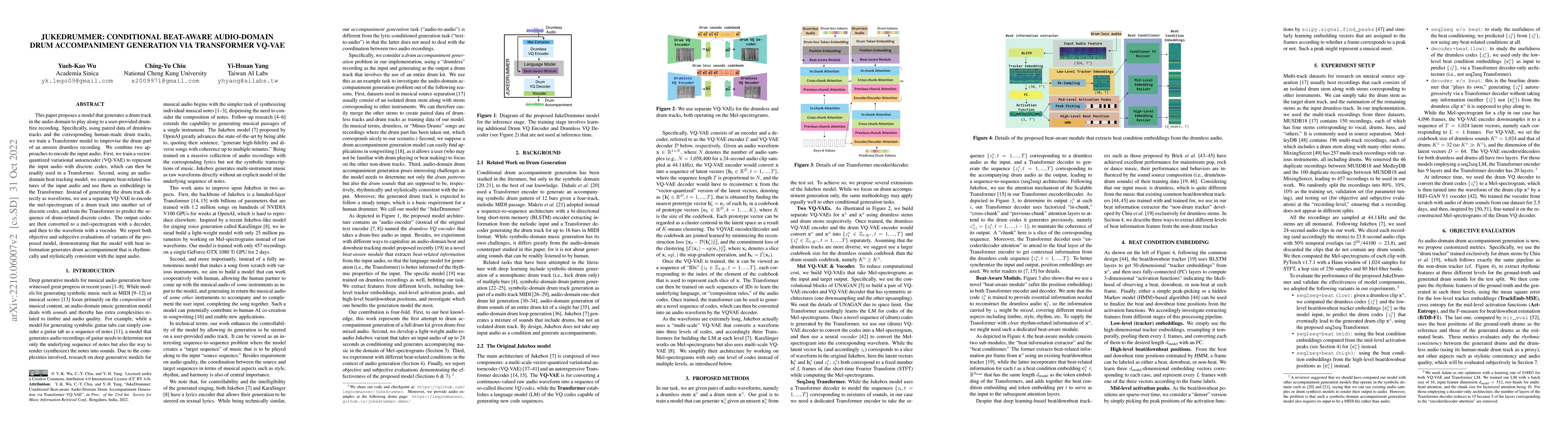 Thumbnail for JukeDrummer: Conditional Beat-aware Audio-domain Drum Accompaniment
  Generation via Transformer VQ-VAE