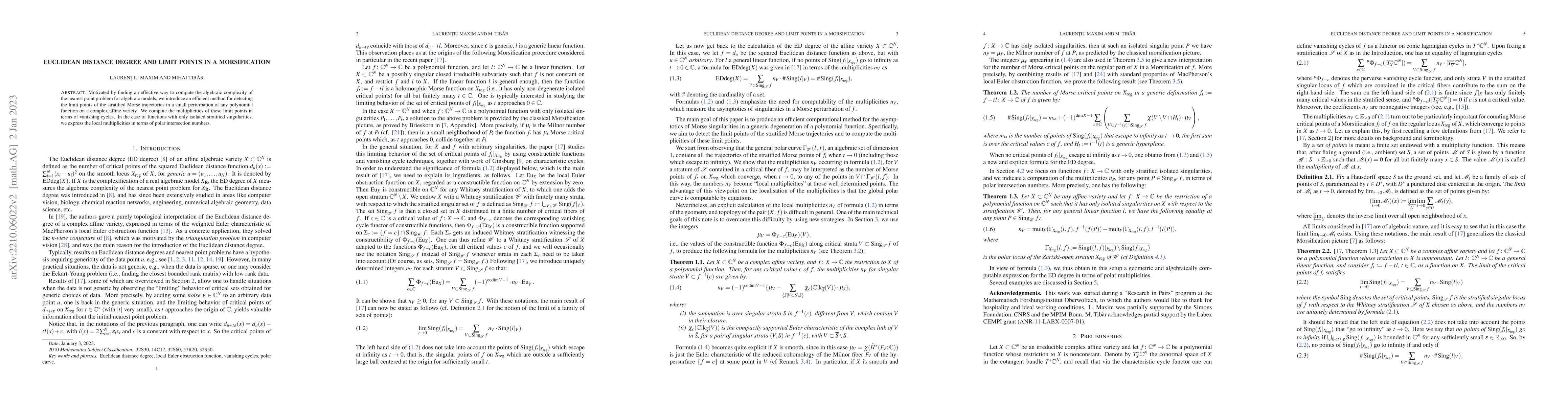 Thumbnail for Euclidean distance degree and limit points in a Morsification