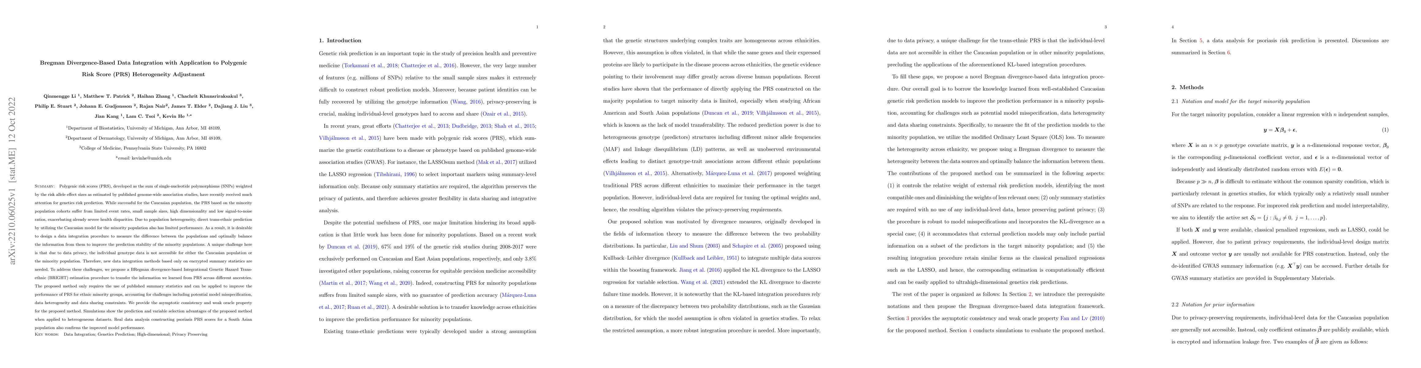 Thumbnail for Bregman Divergence-Based Data Integration with Application to Polygenic
  Risk Score (PRS) Heterogeneity Adjustment