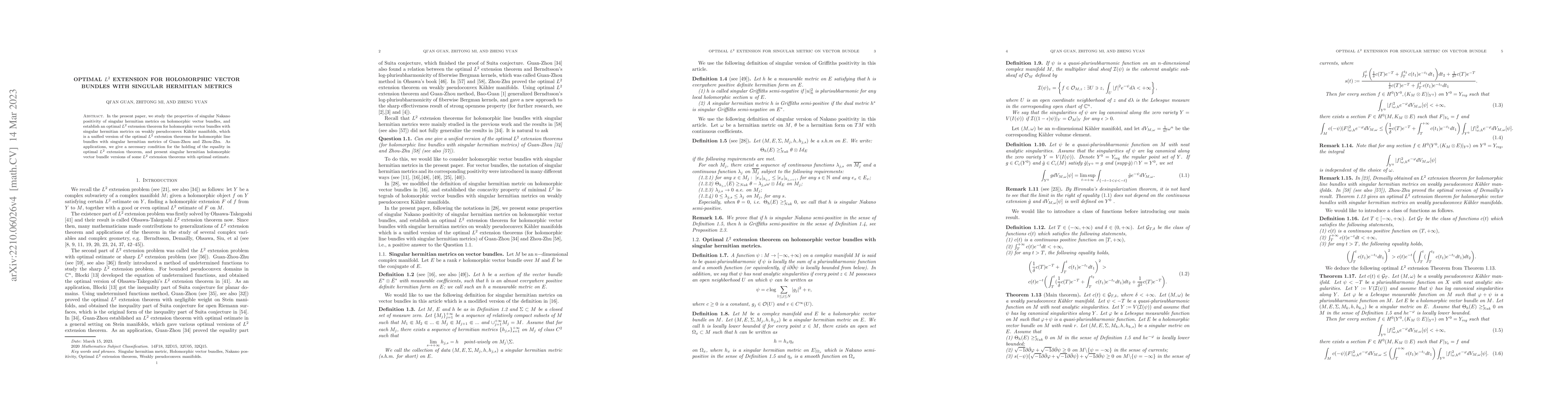 Thumbnail for Optimal $L^2$ extension for holomorphic vector bundles with singular
  hermitian metrics