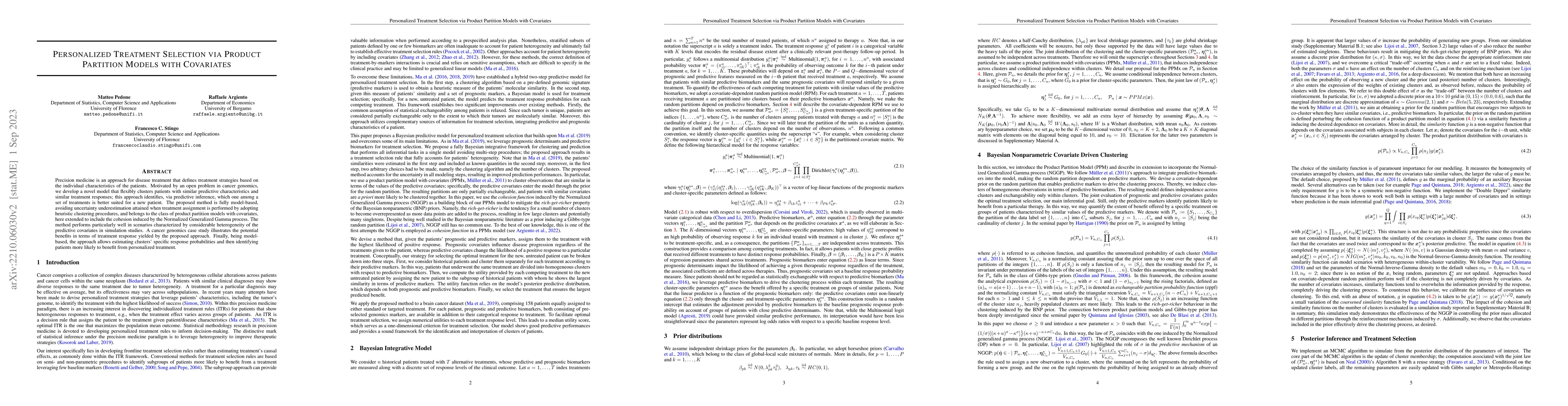 Thumbnail for Personalized Treatment Selection via Product Partition Models with
  Covariates