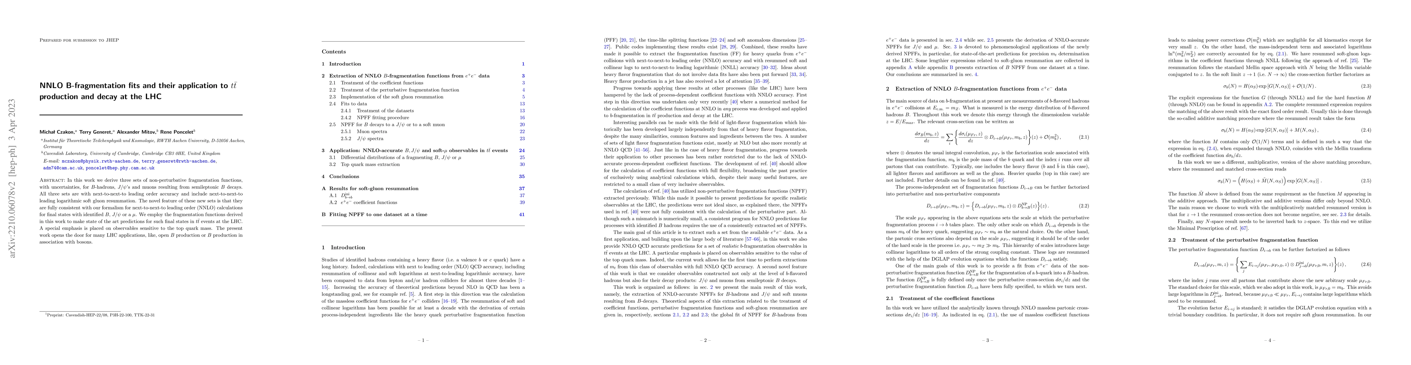 Thumbnail for NNLO B-fragmentation fits and their application to $t\bar t$ production
  and decay at the LHC