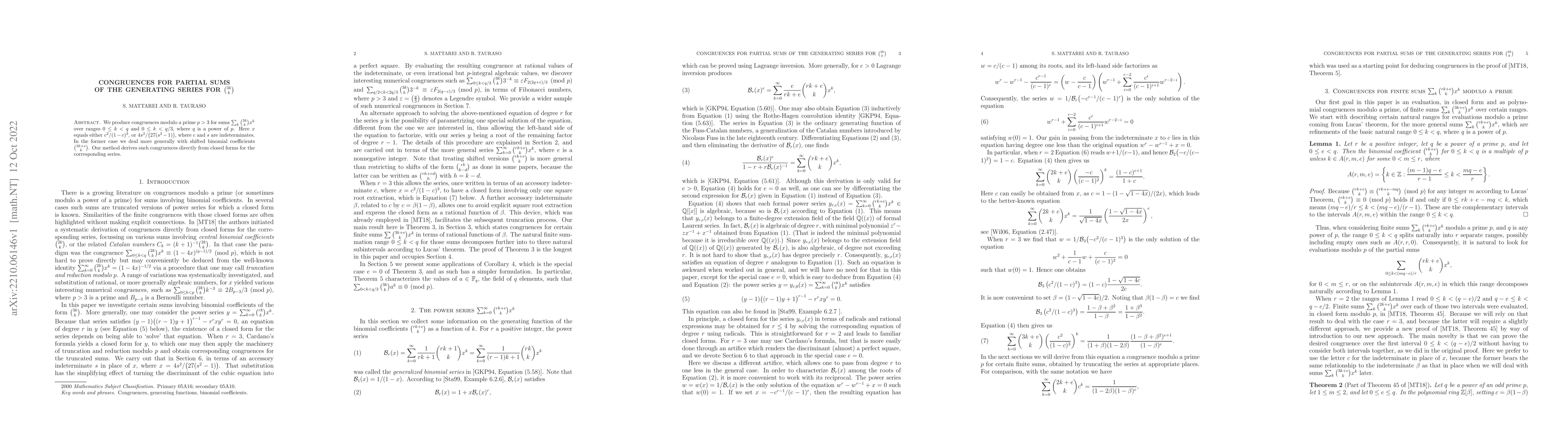 Thumbnail for Congruences for partial sums of the generating series for
  $\binom{3k}{k}$