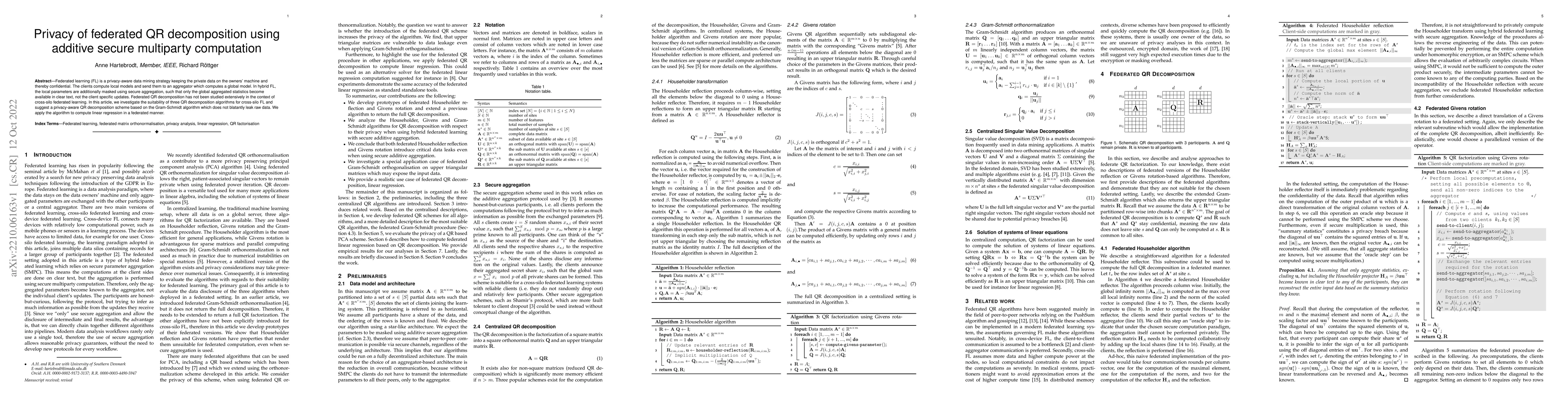 Thumbnail for Privacy of federated QR decomposition using additive secure multiparty
  computation