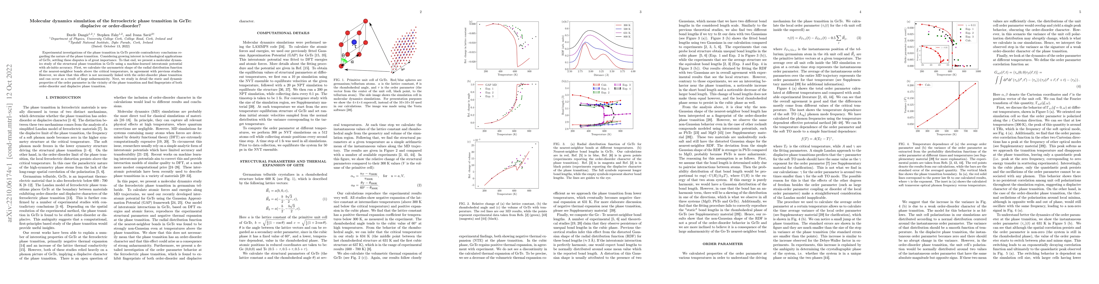 Thumbnail for Molecular dynamics simulation of the ferroelectric phase transition in
  GeTe: displacive or order-disorder?