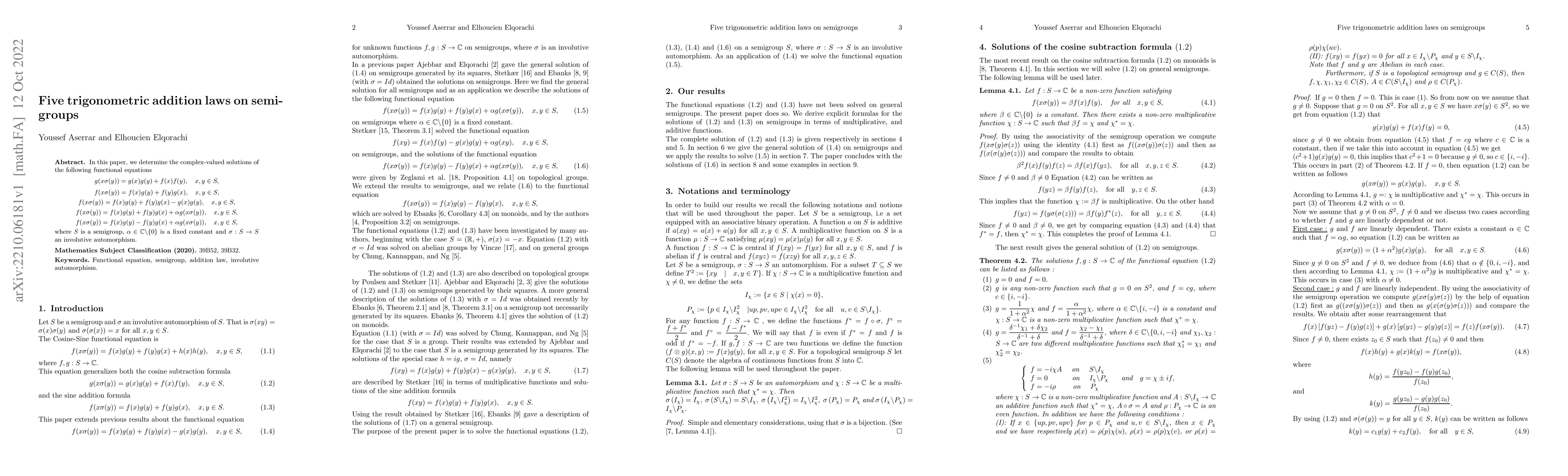 Thumbnail for Five Trigonometric addition laws on semigroups