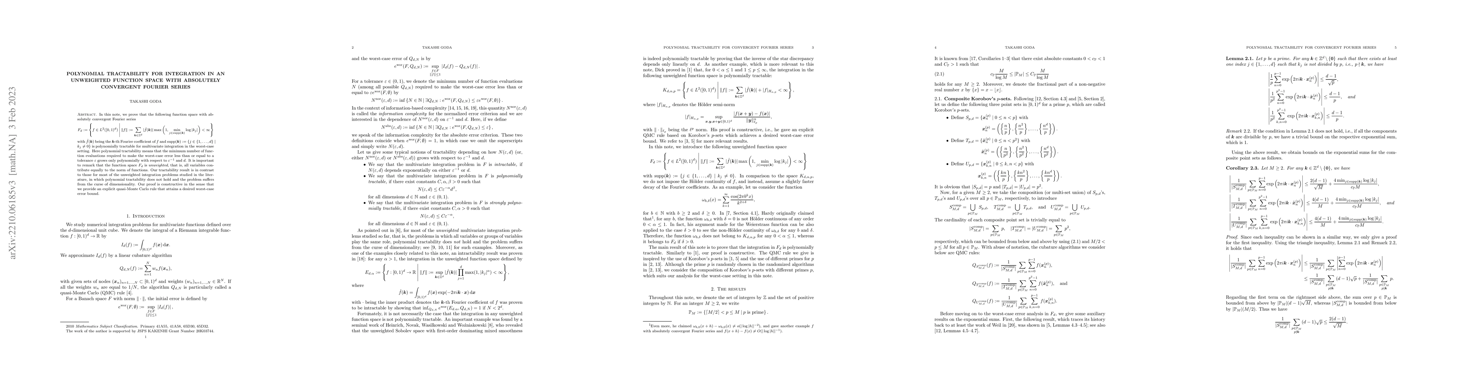 Thumbnail for Polynomial tractability for integration in an unweighted function space
  with absolutely convergent Fourier series