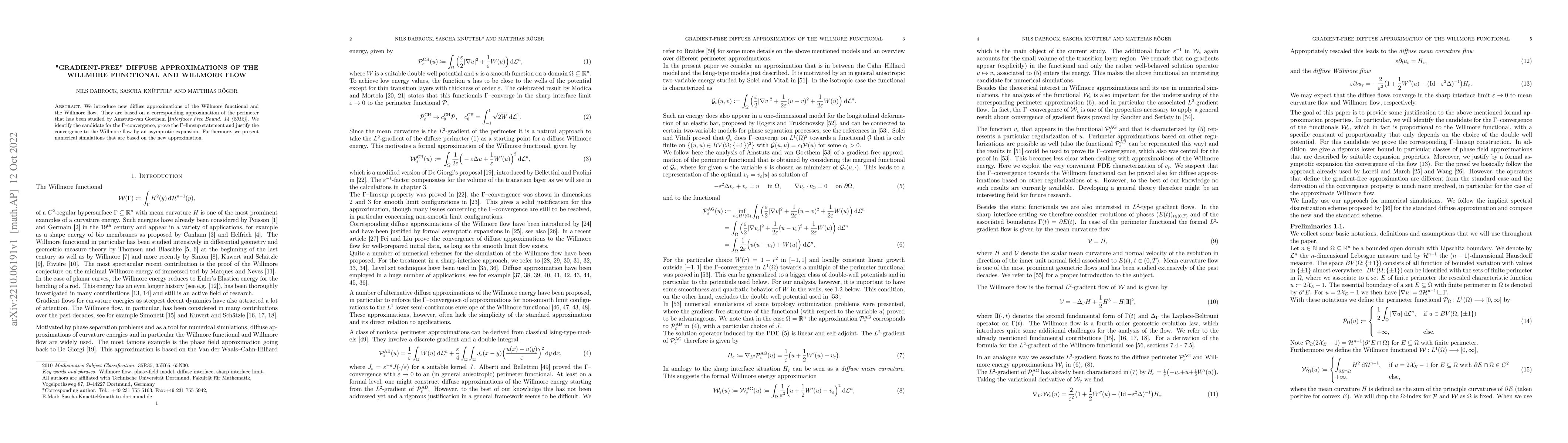 Thumbnail for "Gradient-free" diffuse approximations of the Willmore functional and
  Willmore flow