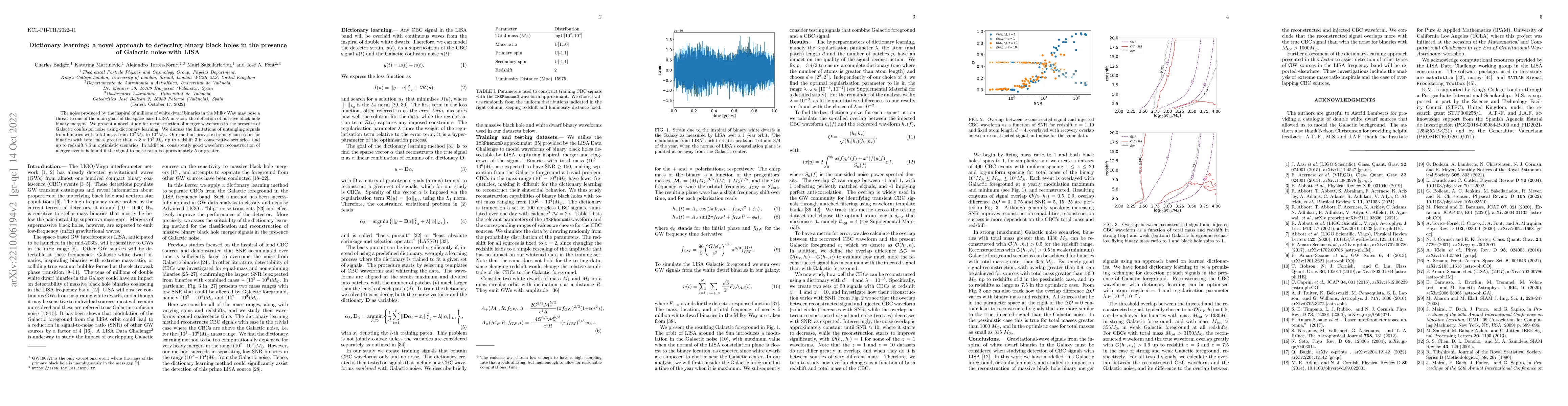 Thumbnail for Dictionary learning: a novel approach to detecting binary black holes in
  the presence of Galactic noise with LISA