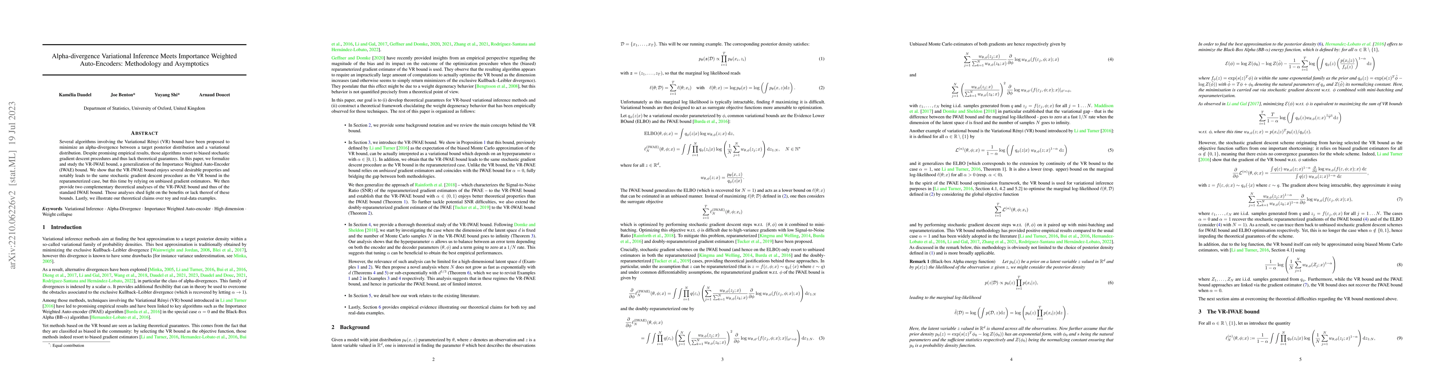 Thumbnail for Alpha-divergence Variational Inference Meets Importance Weighted
  Auto-Encoders: Methodology and Asymptotics