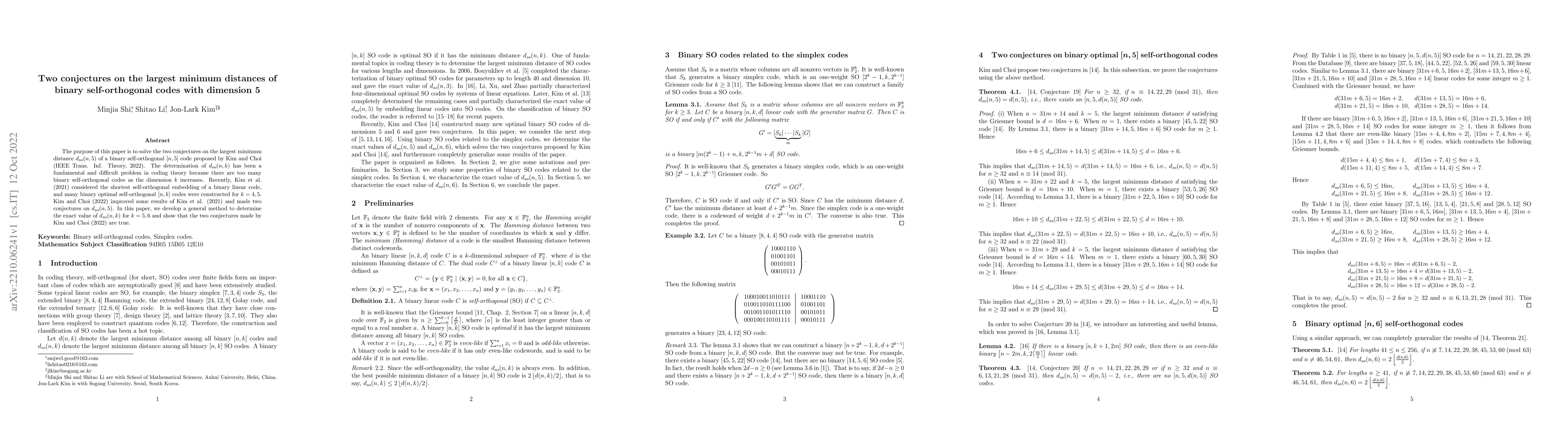 Thumbnail for Two conjectures on the largest minimum distances of binary
  self-orthogonal codes with dimension 5