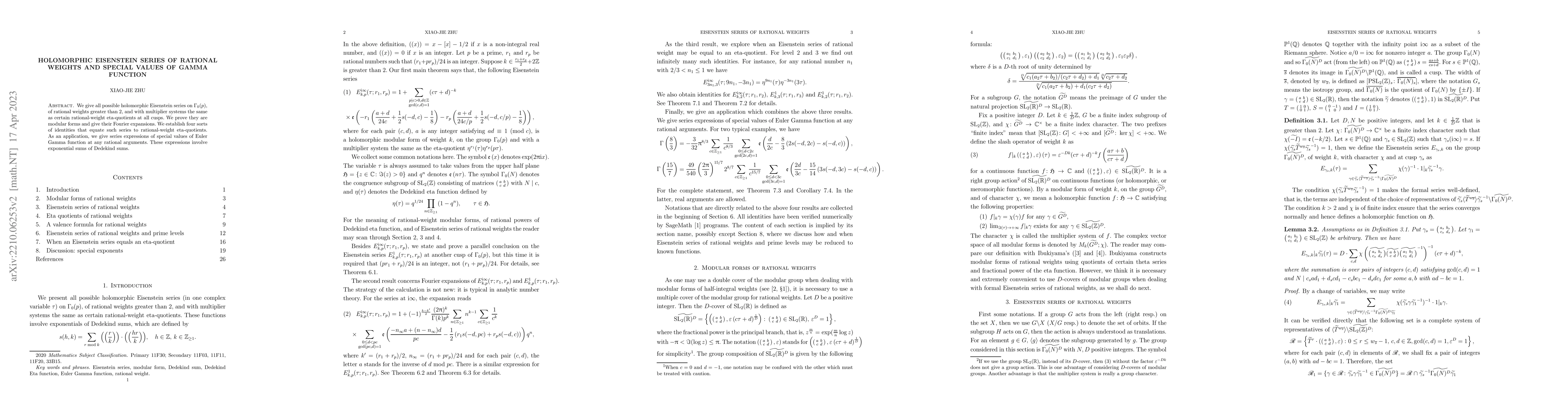 Thumbnail for Holomorphic Eisenstein series of rational weights and special values of
  Gamma function
