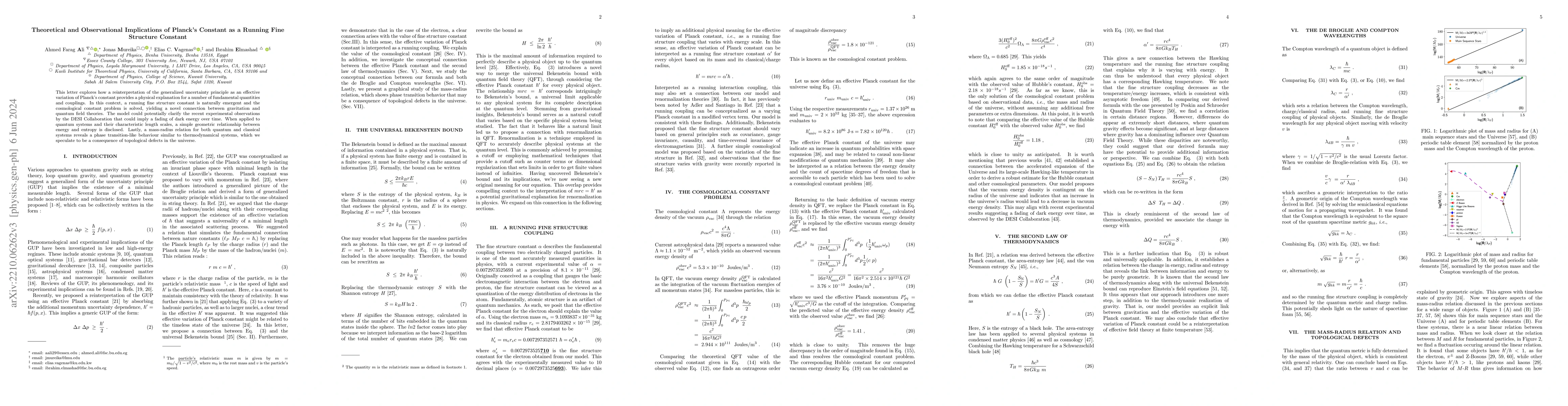 Thumbnail for Theoretical and Observational Implications of Planck's Constant as a
  Running Fine Structure Constant