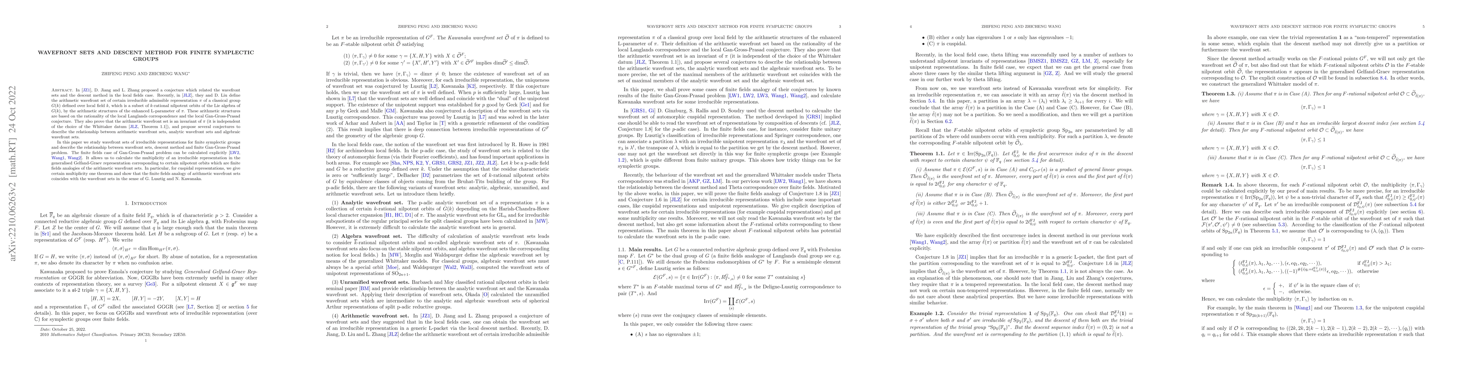 Thumbnail for Wavefront sets and descent method for finite symplectic groups