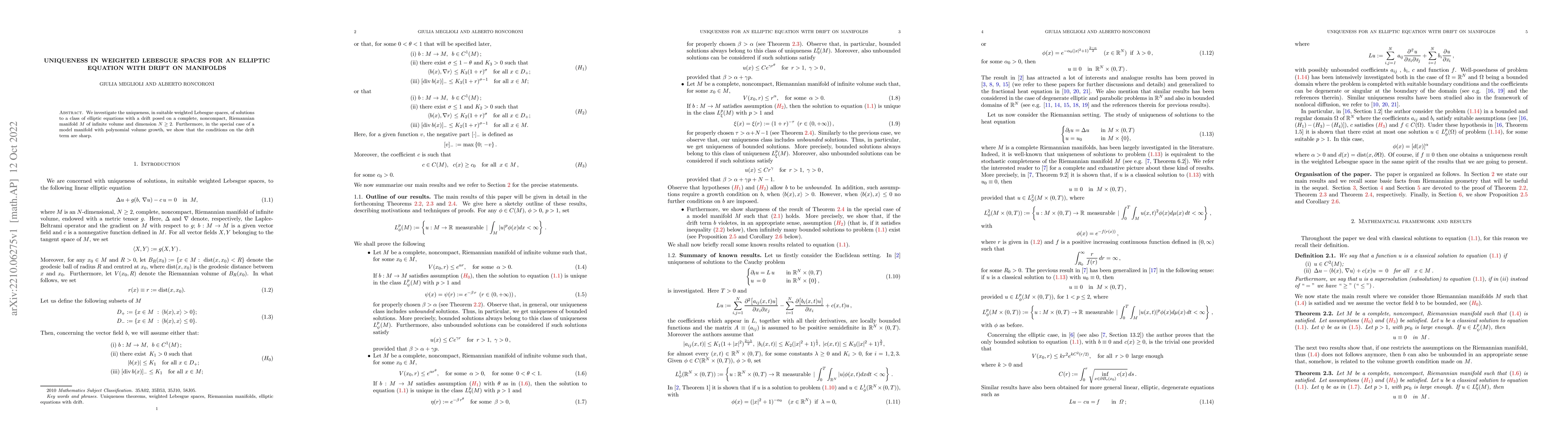 Thumbnail for Uniqueness in weighted Lebesgue spaces for an elliptic equation with
  drift on manifolds