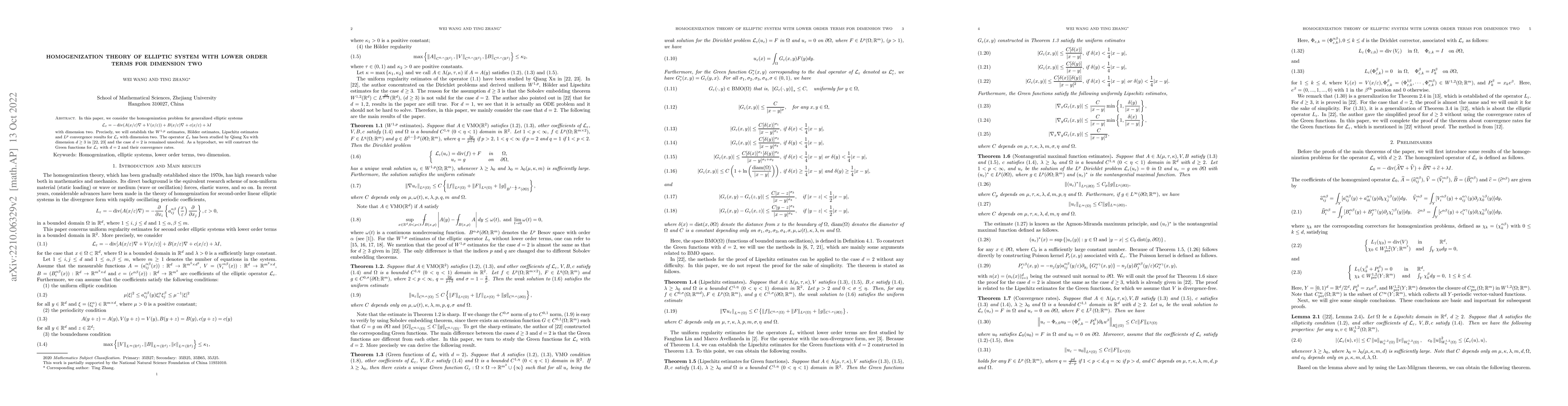 Thumbnail for Homogenization Theory of Elliptic System with Lower Order Terms for
  Dimension Two