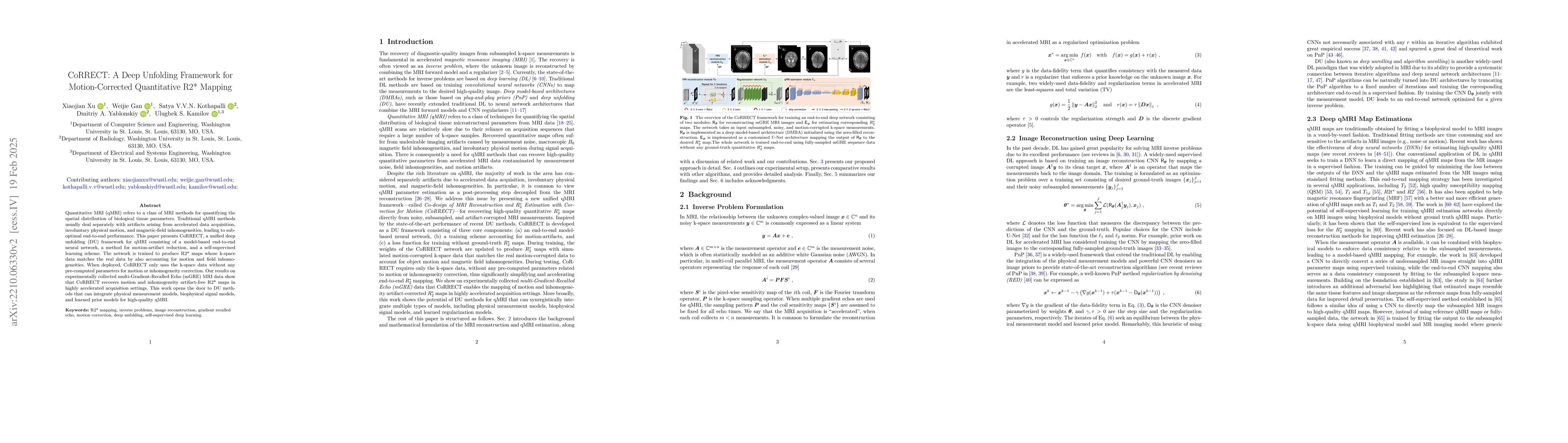 Thumbnail for CoRRECT: A Deep Unfolding Framework for Motion-Corrected Quantitative
  R2* Mapping
