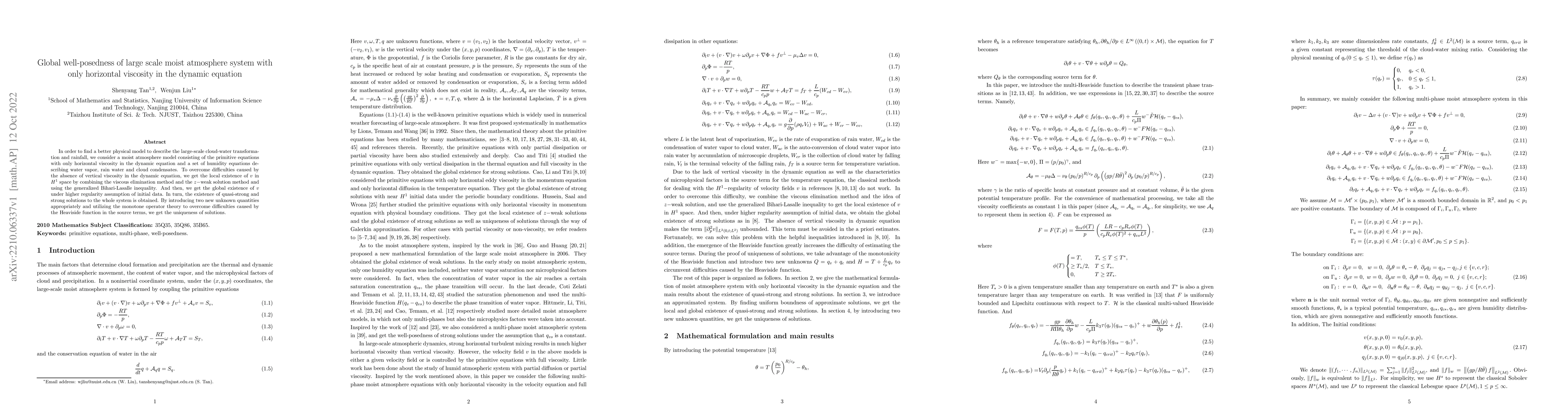 Thumbnail for Global well-posedness of large scale moist atmosphere system with only
  horizontal viscosity in the dynamic equation