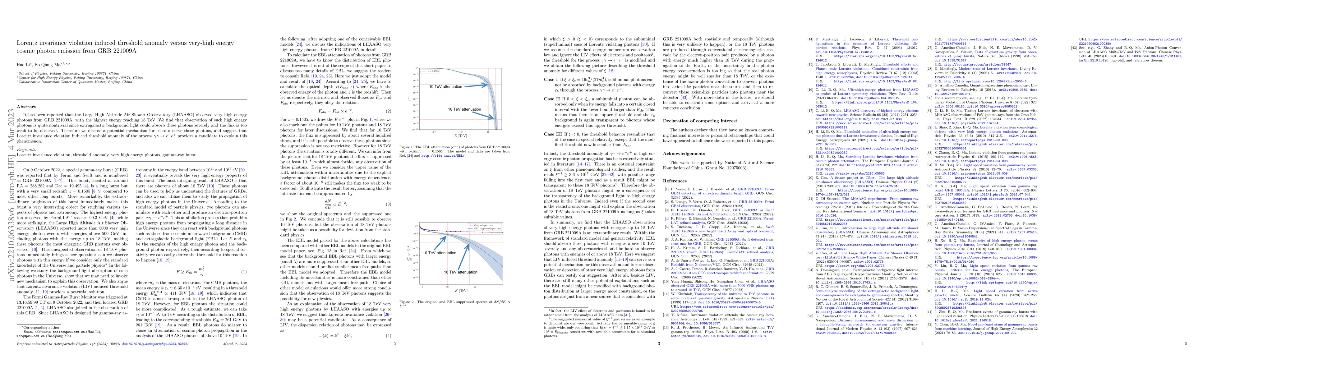 Thumbnail for Lorentz invariance violation induced threshold anomaly versus very-high
  energy cosmic photon emission from GRB 221009A