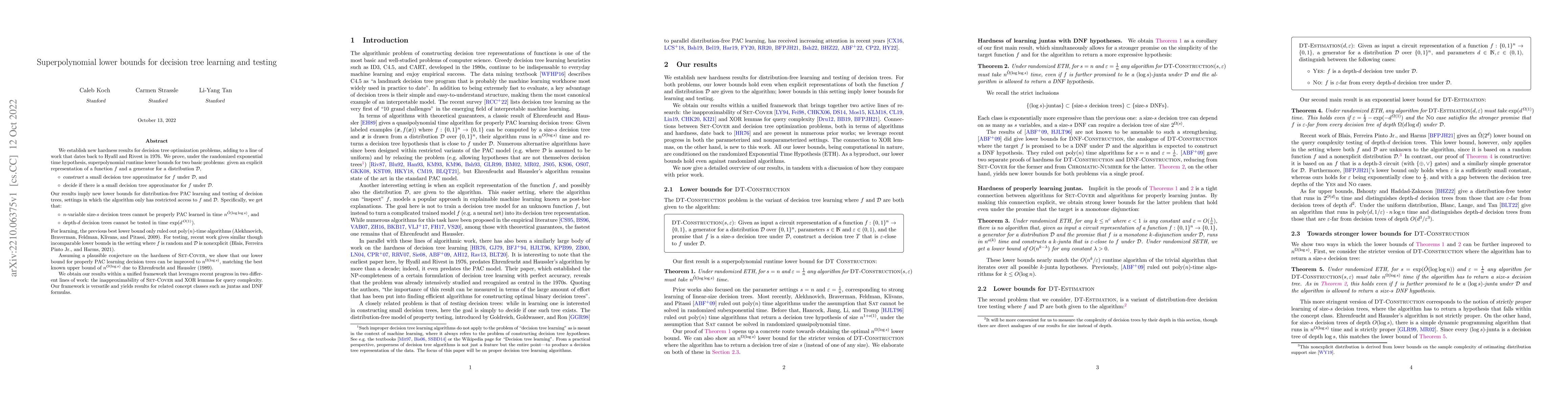 Thumbnail for Superpolynomial Lower Bounds for Decision Tree Learning and Testing